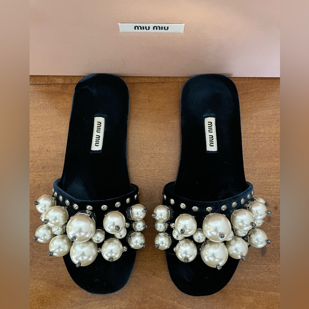 Miu Miu Velvet Pearl Slides Turquoise 36.5